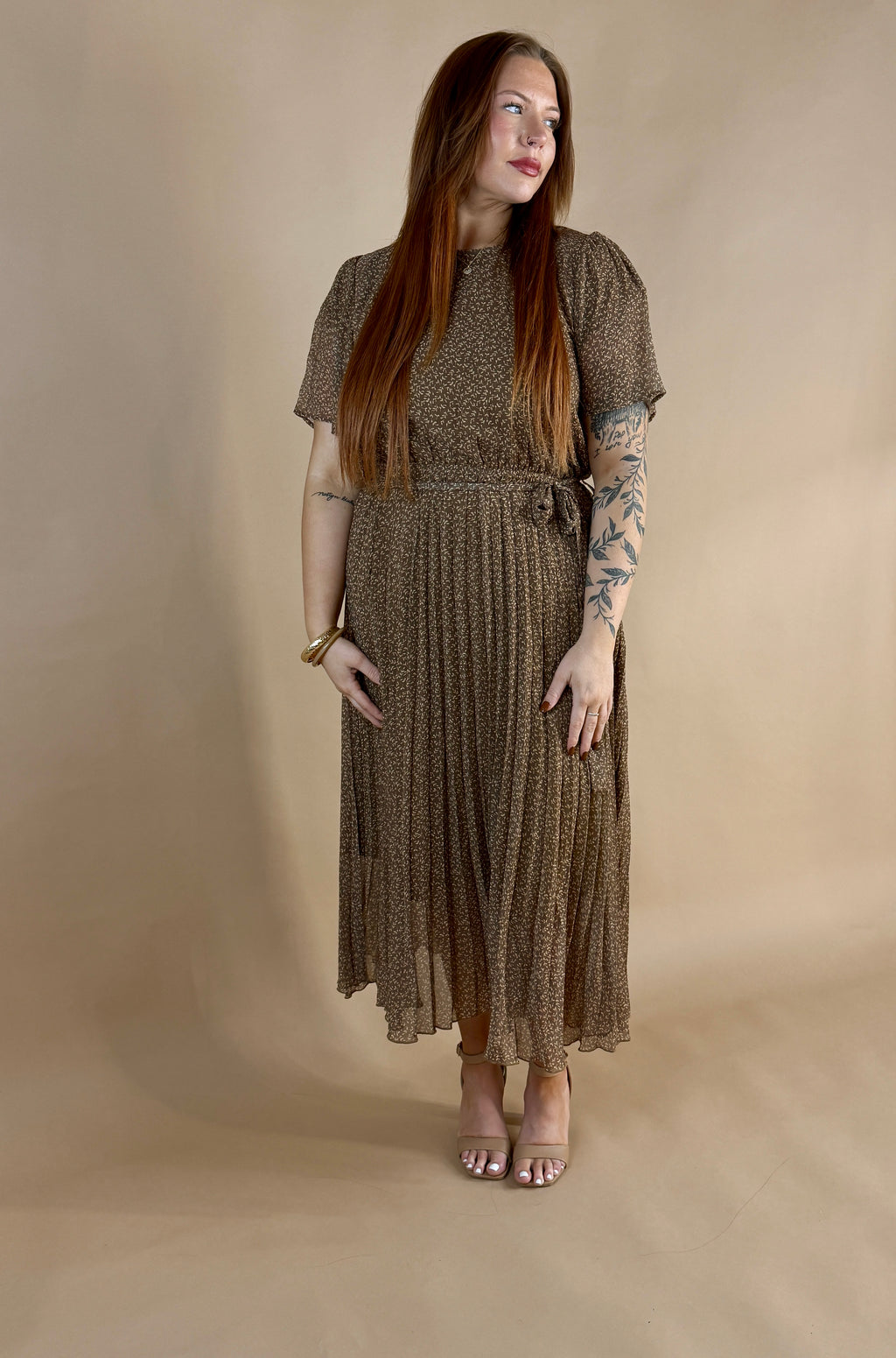Mocha Textured Pleated Dress