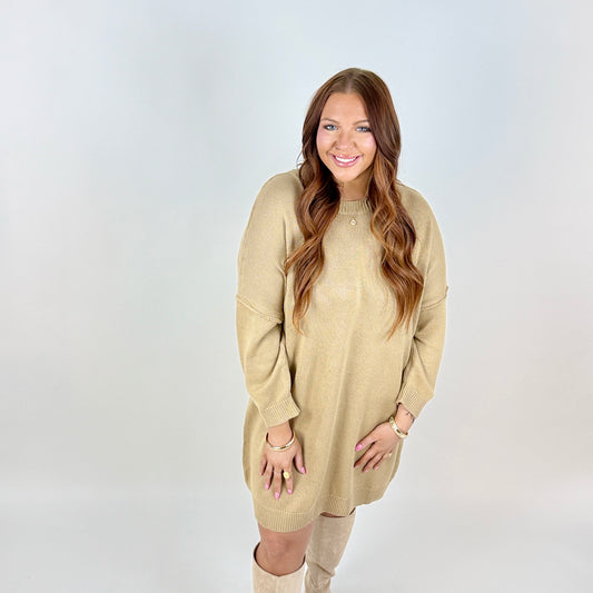 Pale Khaki Exposed Seam Drop Shoulder Oversize Sweater Mini Dress