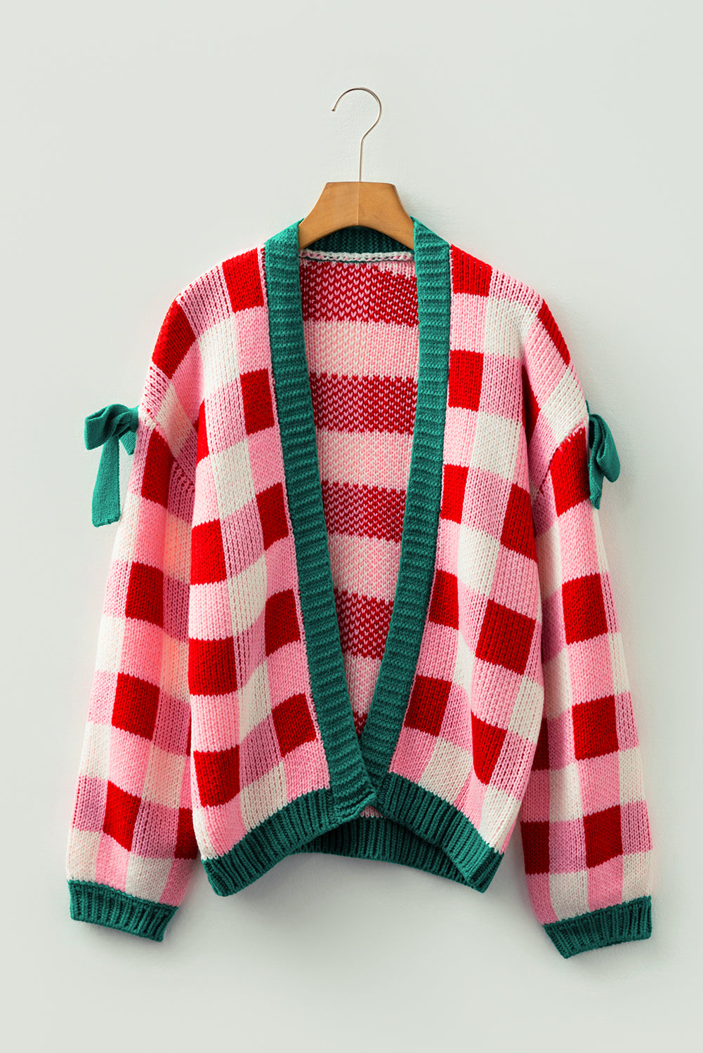 Women’s Pink Plaid Knit Bow Knot Decor Open Front Sweater Cardigan