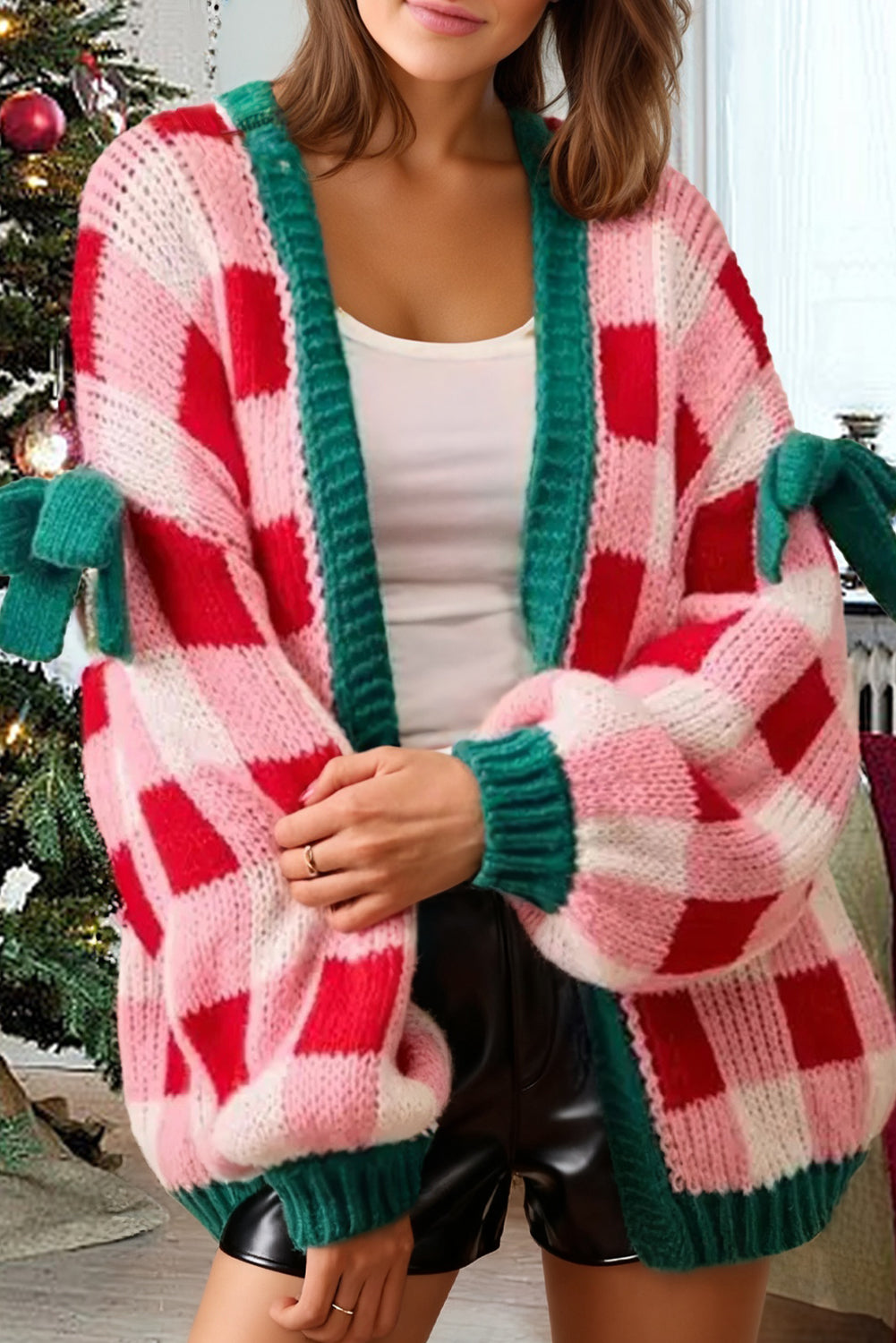 Women’s Pink Plaid Knit Bow Knot Decor Open Front Sweater Cardigan