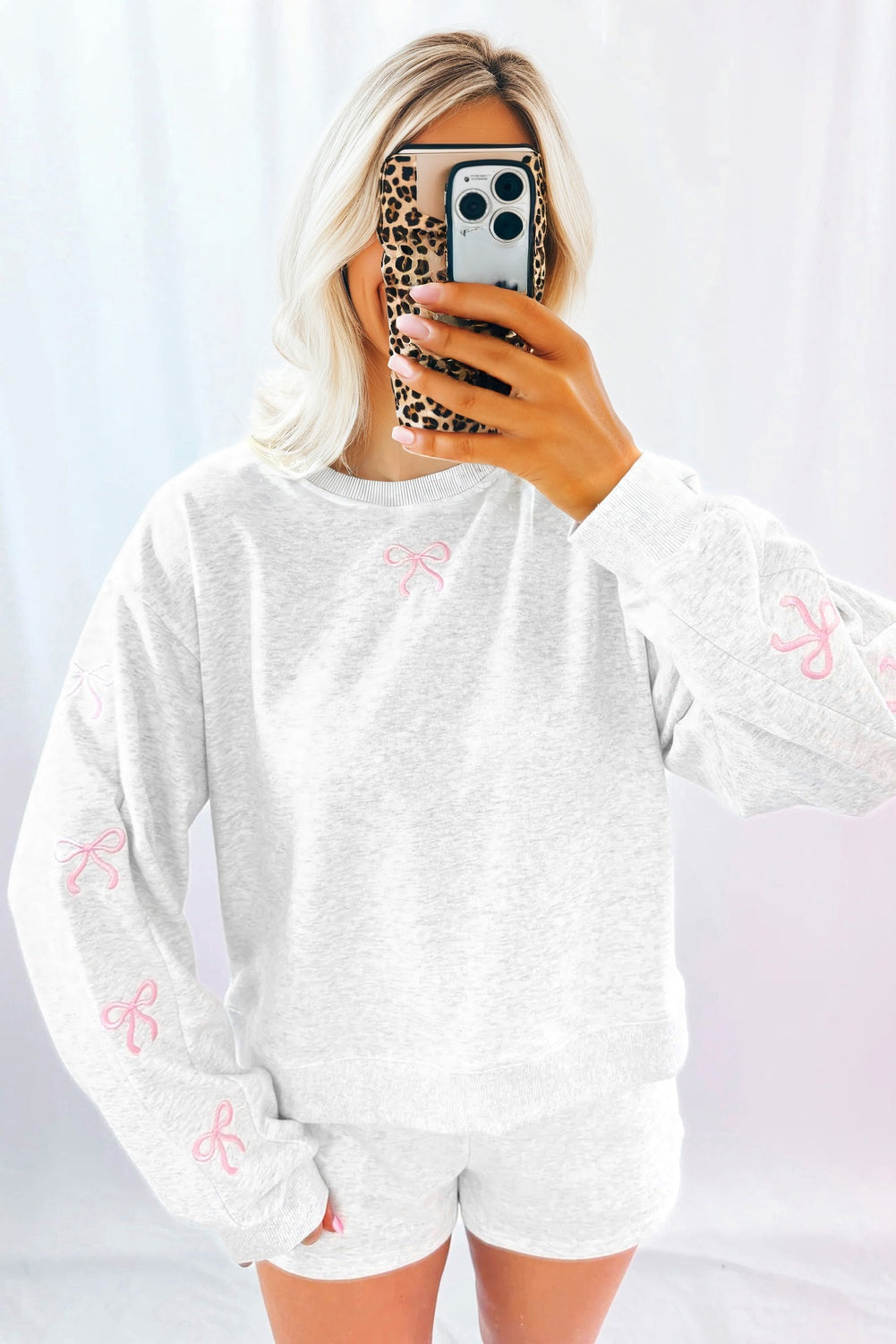 Light Gray Girly Bow Embroidered Detail Puff Sleeve Pullover 2 pcs Short Set