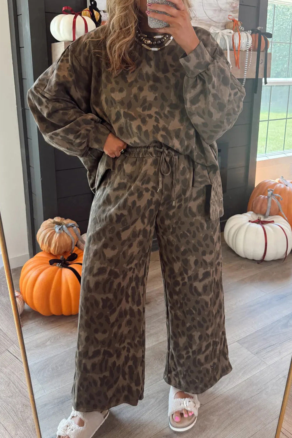 Brown Leopard Print Raw Seam Patchwork Pullover Drawstring Loose Pant Set