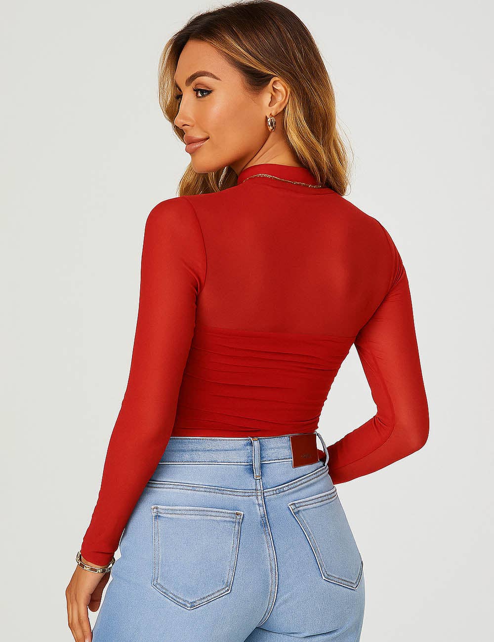 Ladies See Sheer Mock Neck Long Sleeves Mesh Top