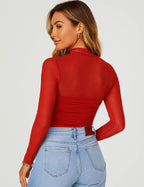 Ladies See Sheer Mock Neck Long Sleeves Mesh Top