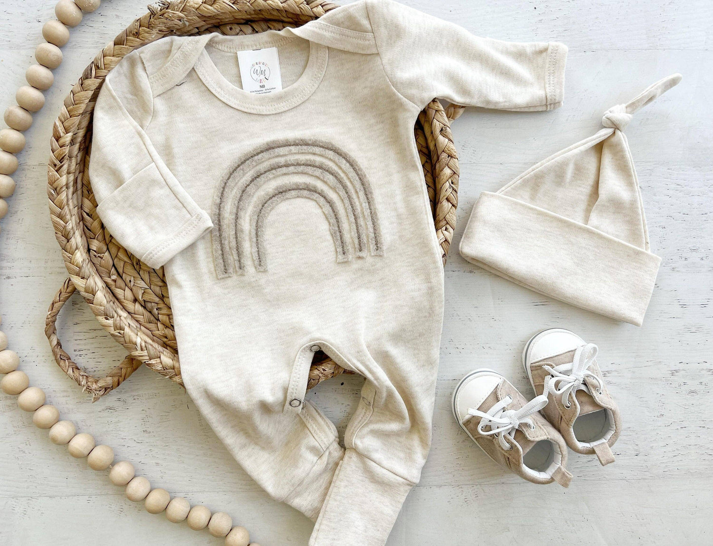 Gender Neutral Baby Outfit | Oatmeal Romper Felt Rainbow