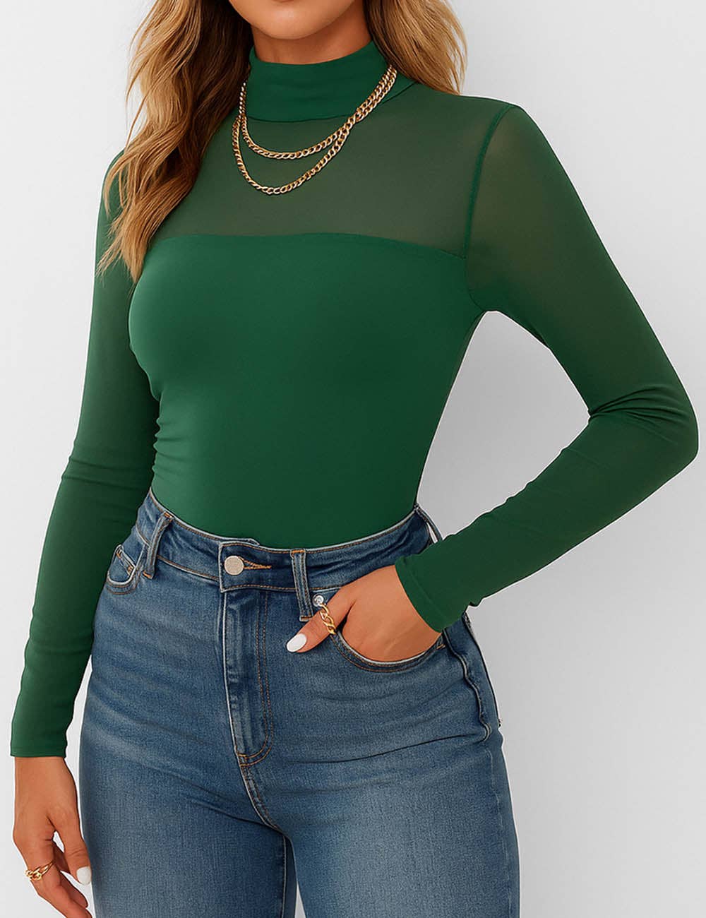 Ladies See Sheer Mock Neck Long Sleeves Mesh Top