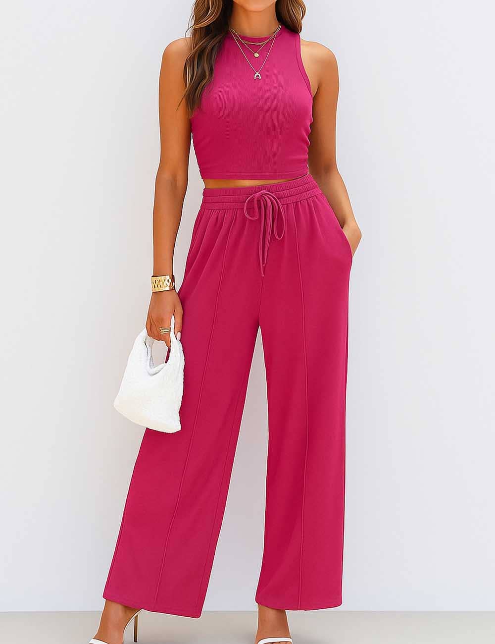 Ladies Ribbed Knit Stretch Ruched Tank Top & Pants Set