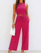 Ladies Ribbed Knit Stretch Ruched Tank Top & Pants Set