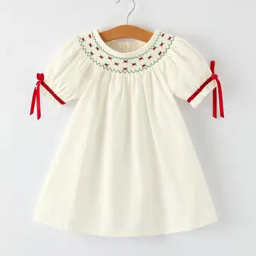White Christmas Girl's Dress: Delicate Embroidery with Red Bow Details