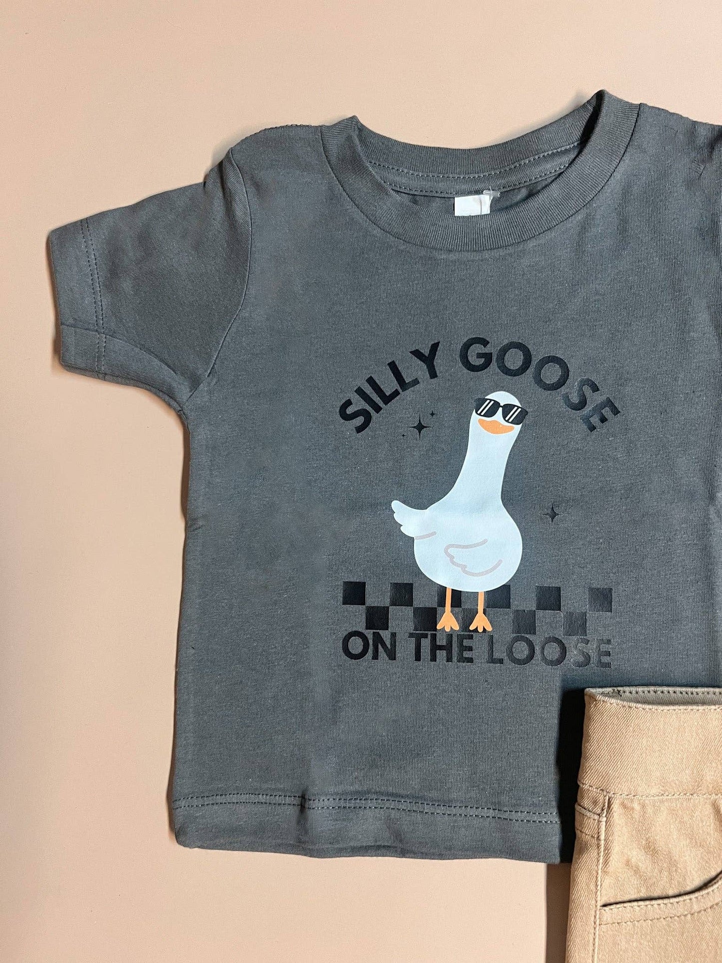 Gray t-shirt with a goose graphic and text on a beige background