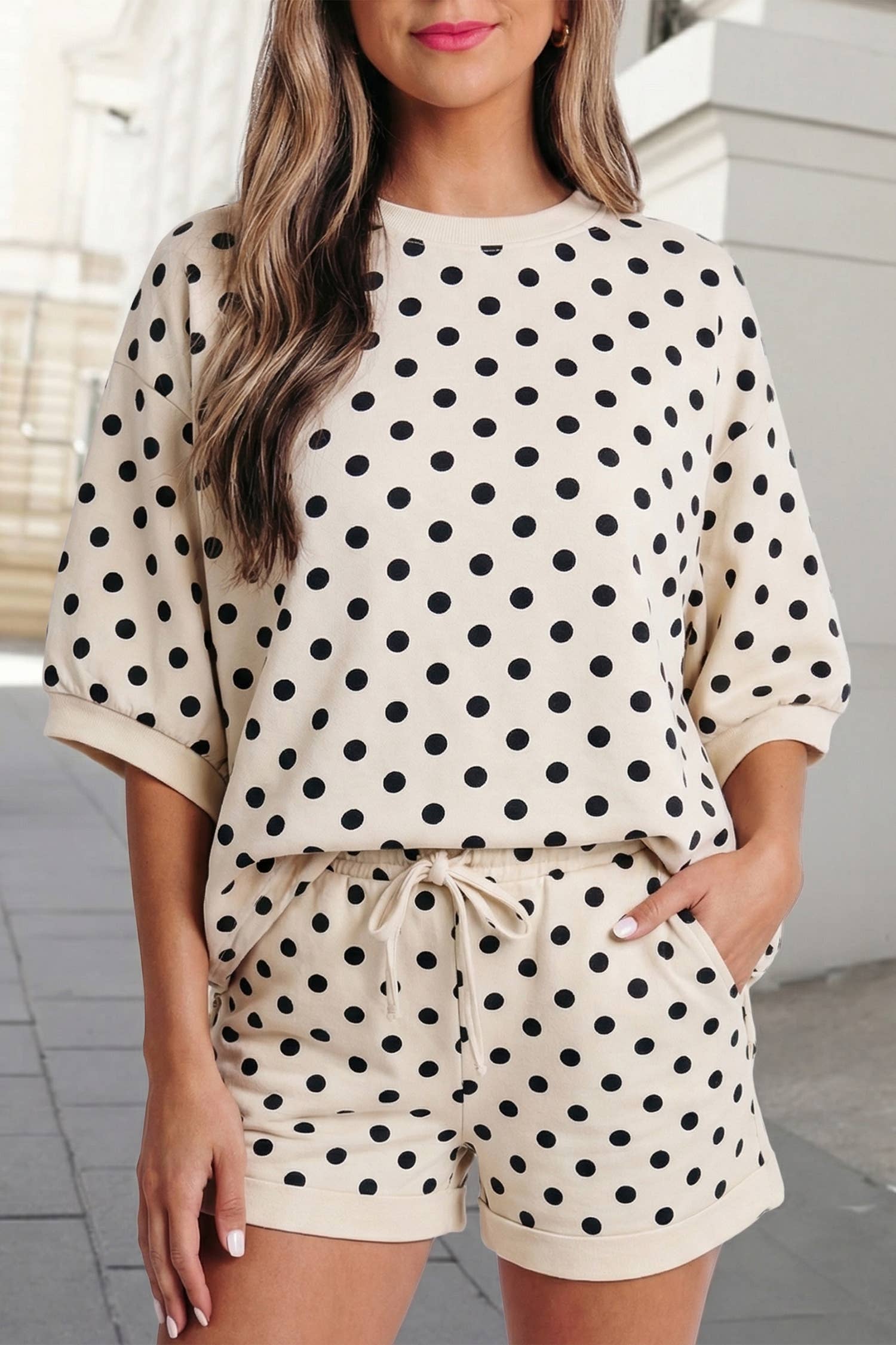 Polka Dots Print Half Sleeve Top Shorts Set SS26 | S-XL