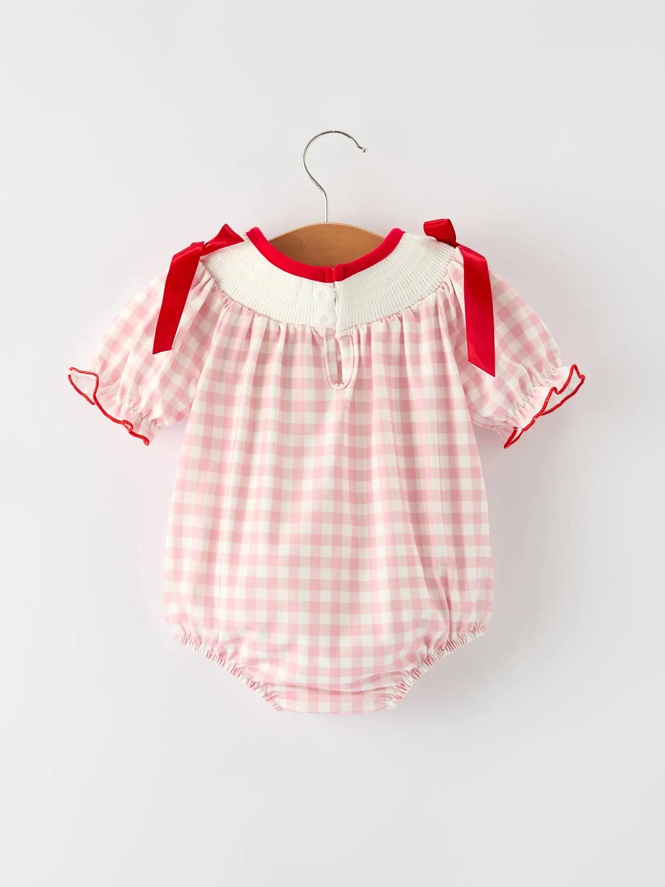 Pink Gingham Christmas Baby Girls Romper – Santa Embroidery