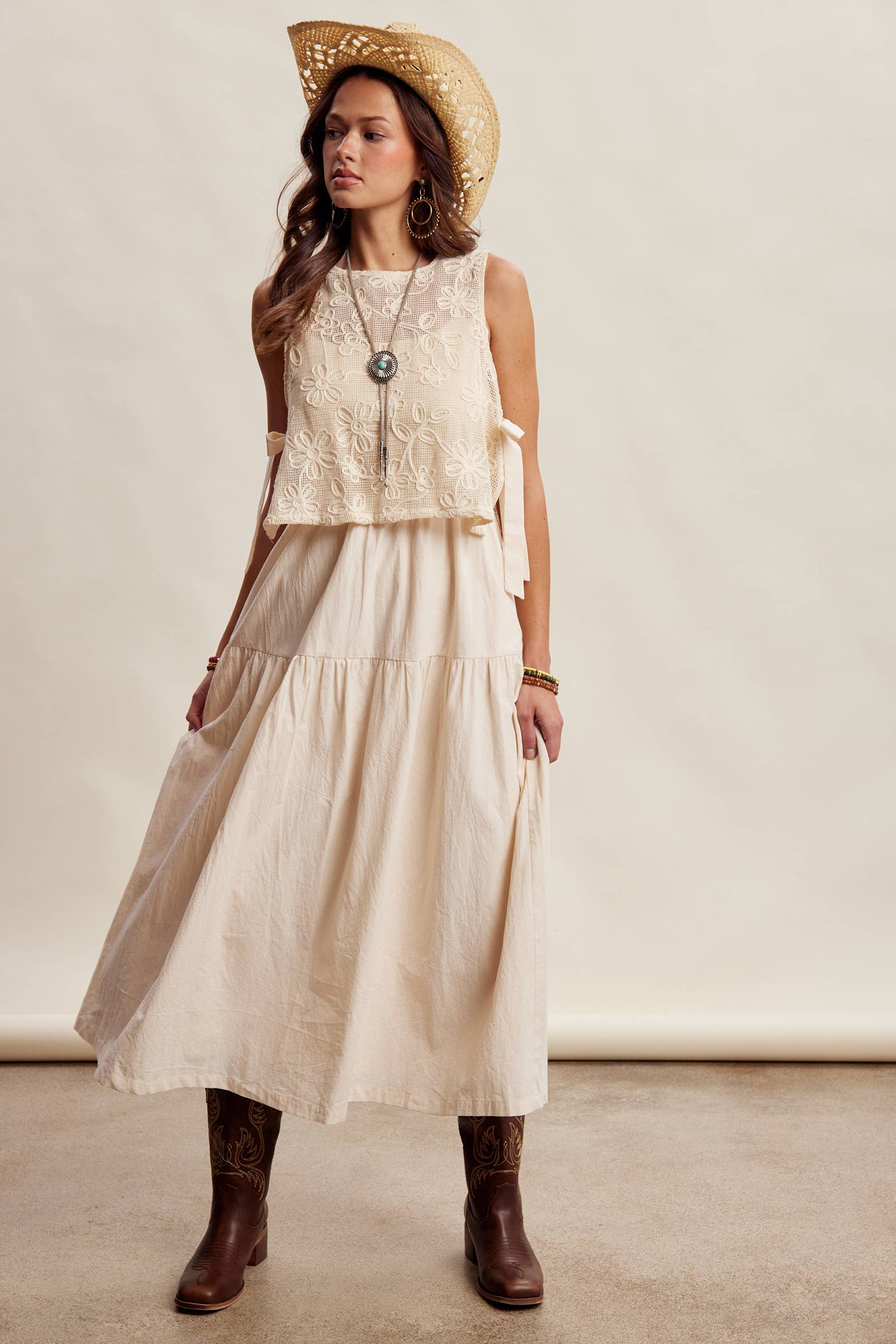 Embroidered Lace Vest & Sleeveless Midi Dress Set LD1651