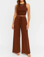 Ladies Ribbed Knit Stretch Ruched Tank Top & Pants Set