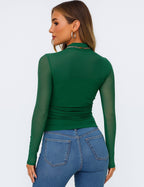 Ladies See Sheer Mock Neck Long Sleeves Mesh Top