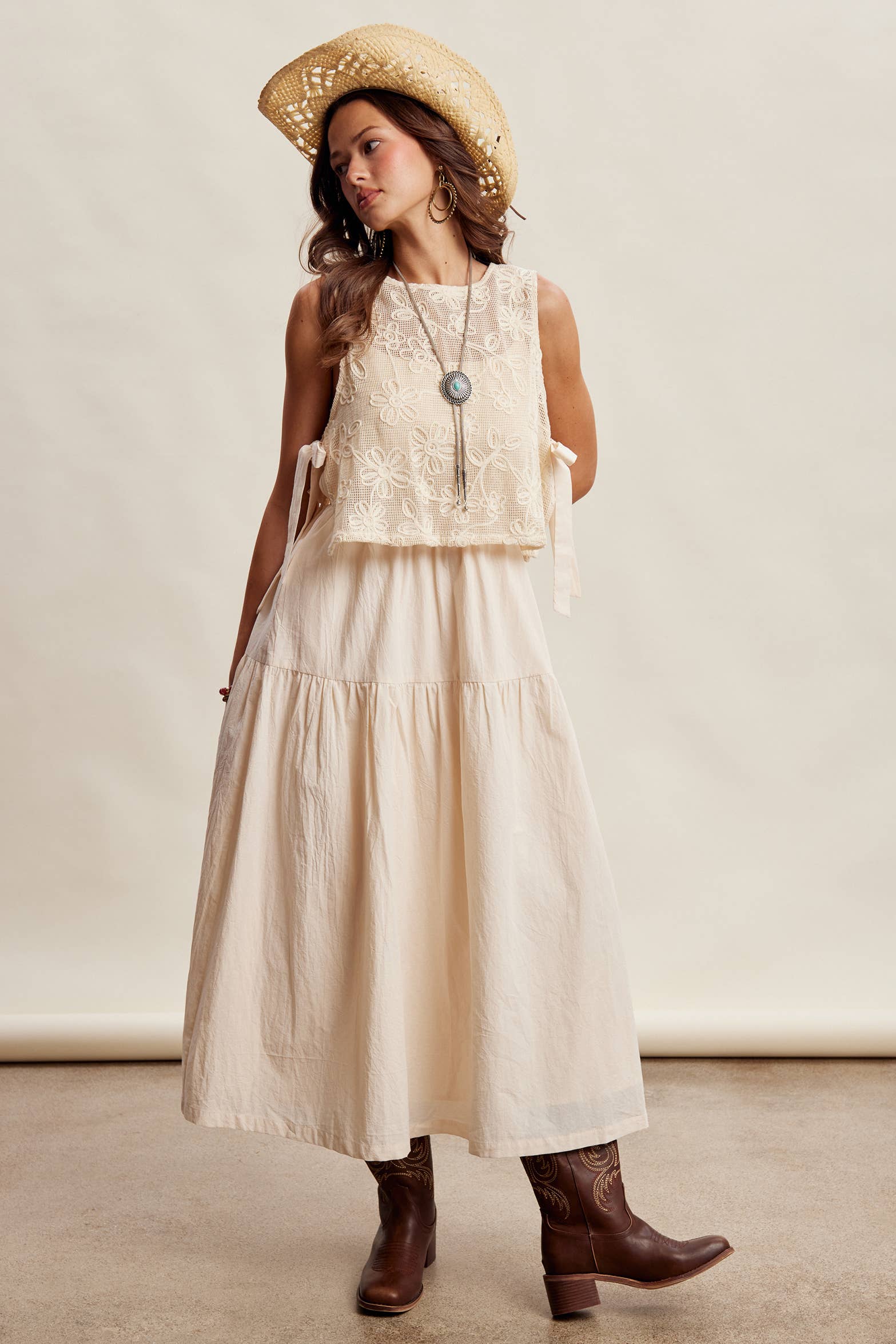 Embroidered Lace Vest & Sleeveless Midi Dress Set LD1651