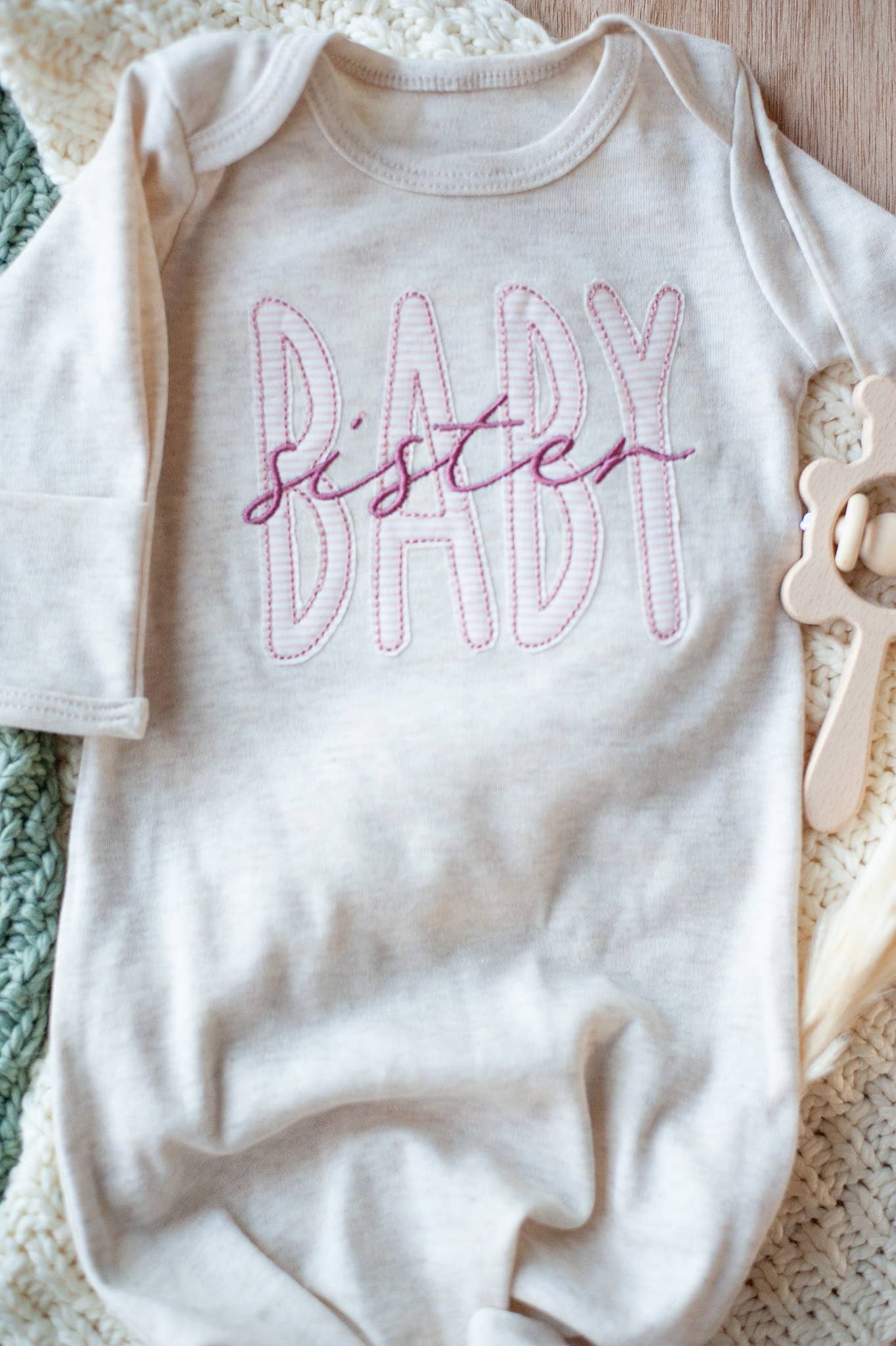 Baby Girl Outfit | Oatmeal Knot Gown Pink Baby Sister