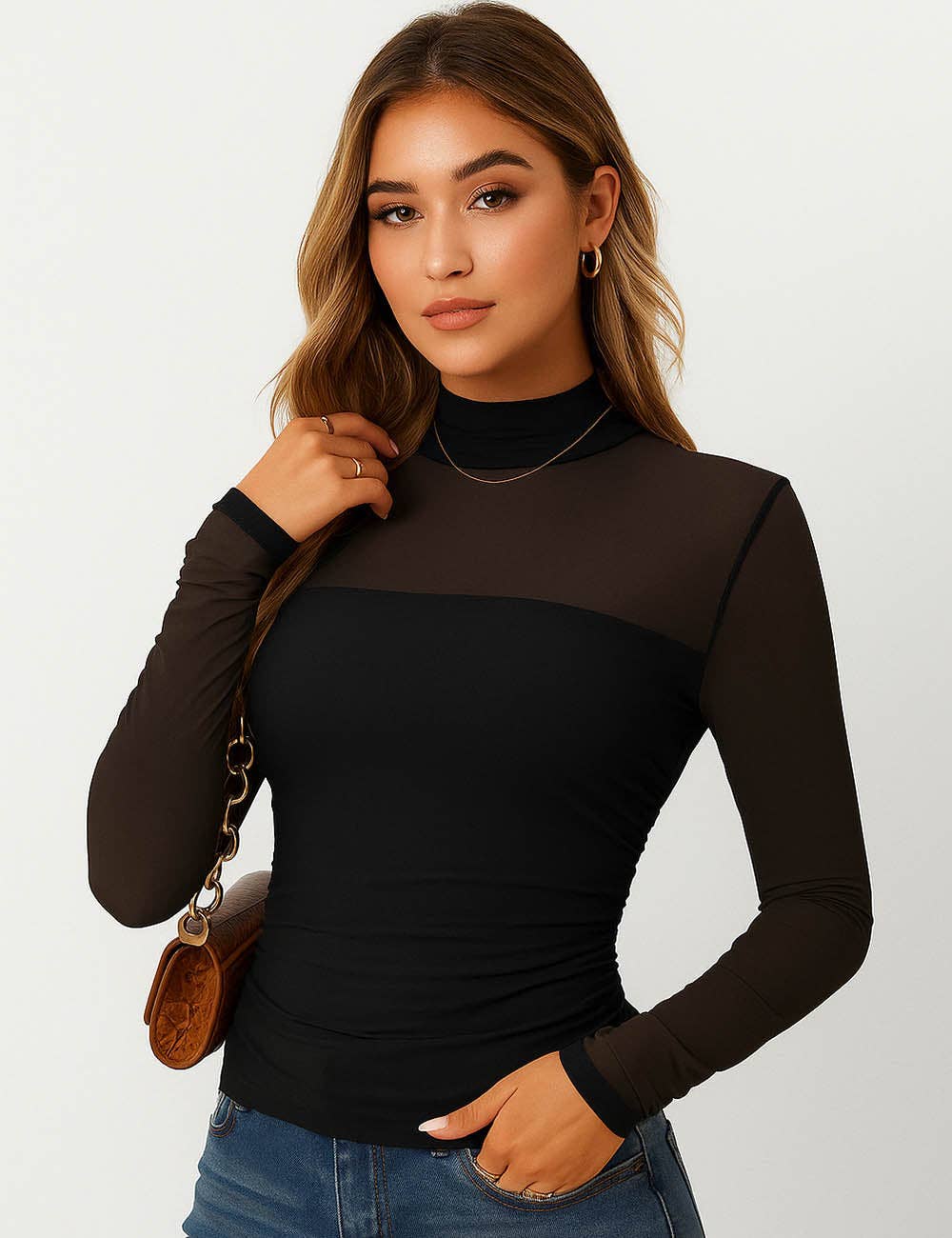 Ladies See Sheer Mock Neck Long Sleeves Mesh Top