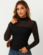 Ladies See Sheer Mock Neck Long Sleeves Mesh Top