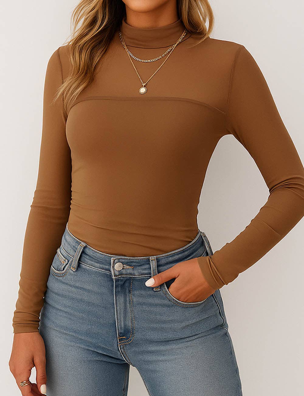 Ladies See Sheer Mock Neck Long Sleeves Mesh Top