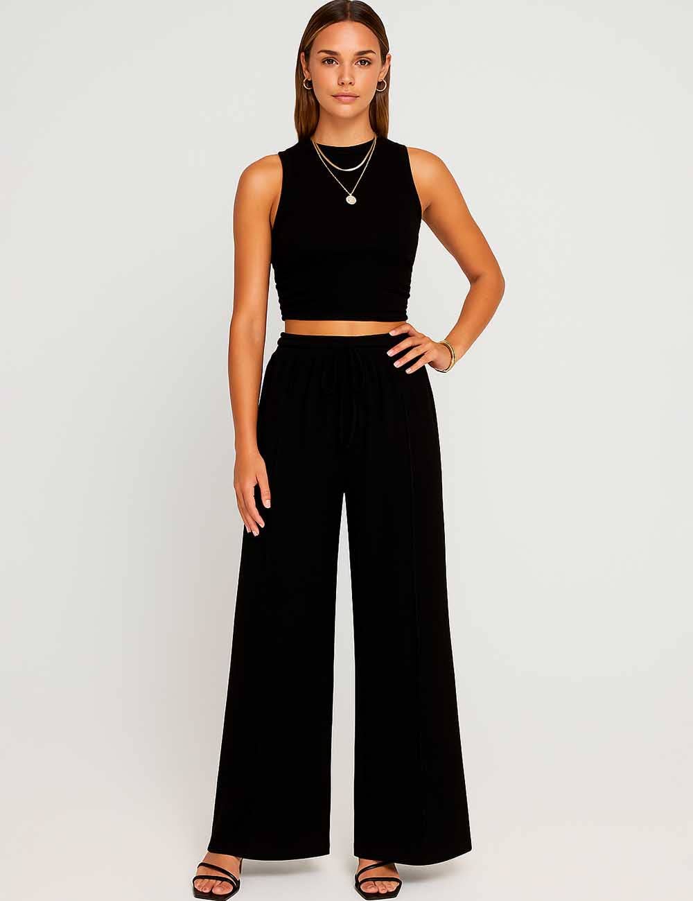 Ladies Ribbed Knit Stretch Ruched Tank Top & Pants Set