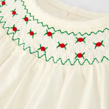 White Christmas Girl's Dress: Delicate Embroidery with Red Bow Details