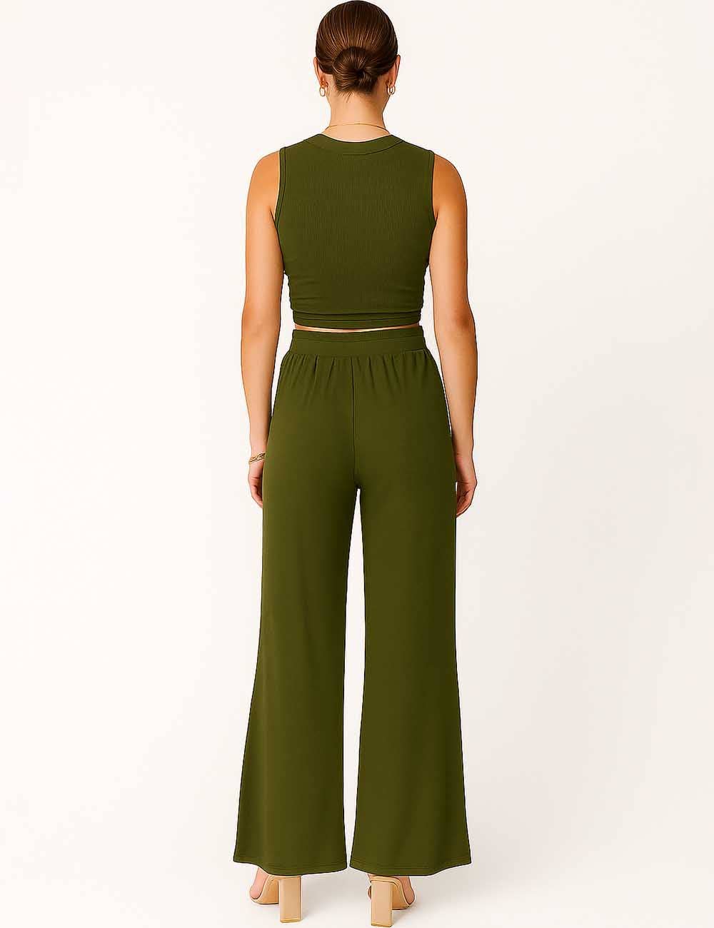 Ladies Ribbed Knit Stretch Ruched Tank Top & Pants Set