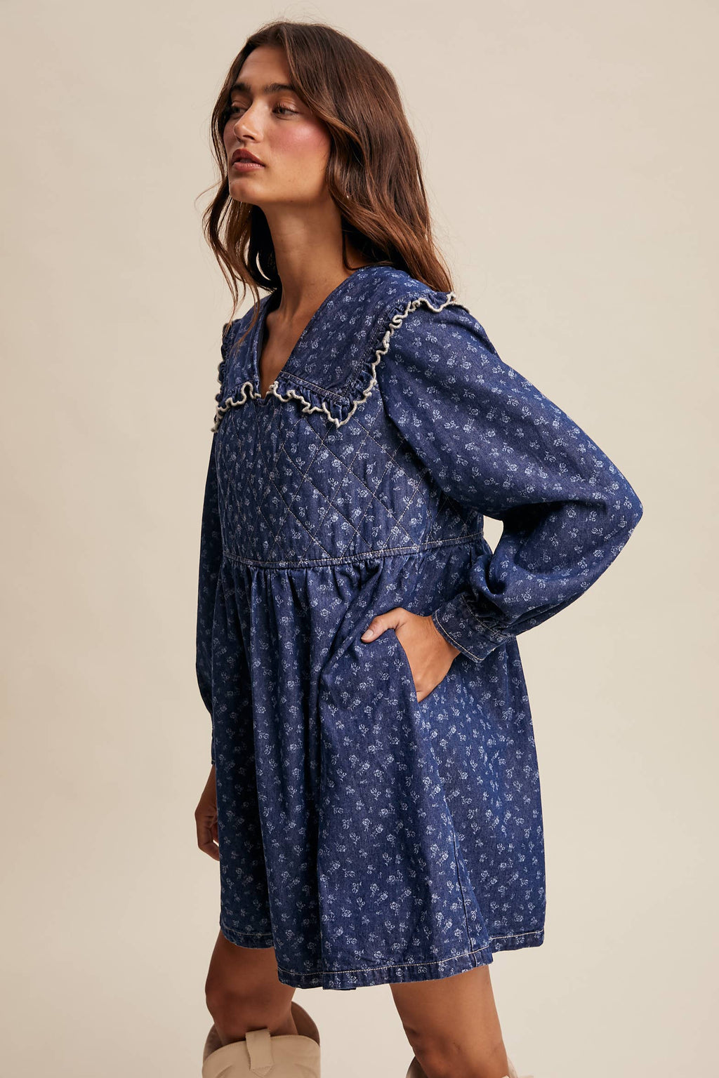 Quilted Yoke Denim Mini Dress LD1596